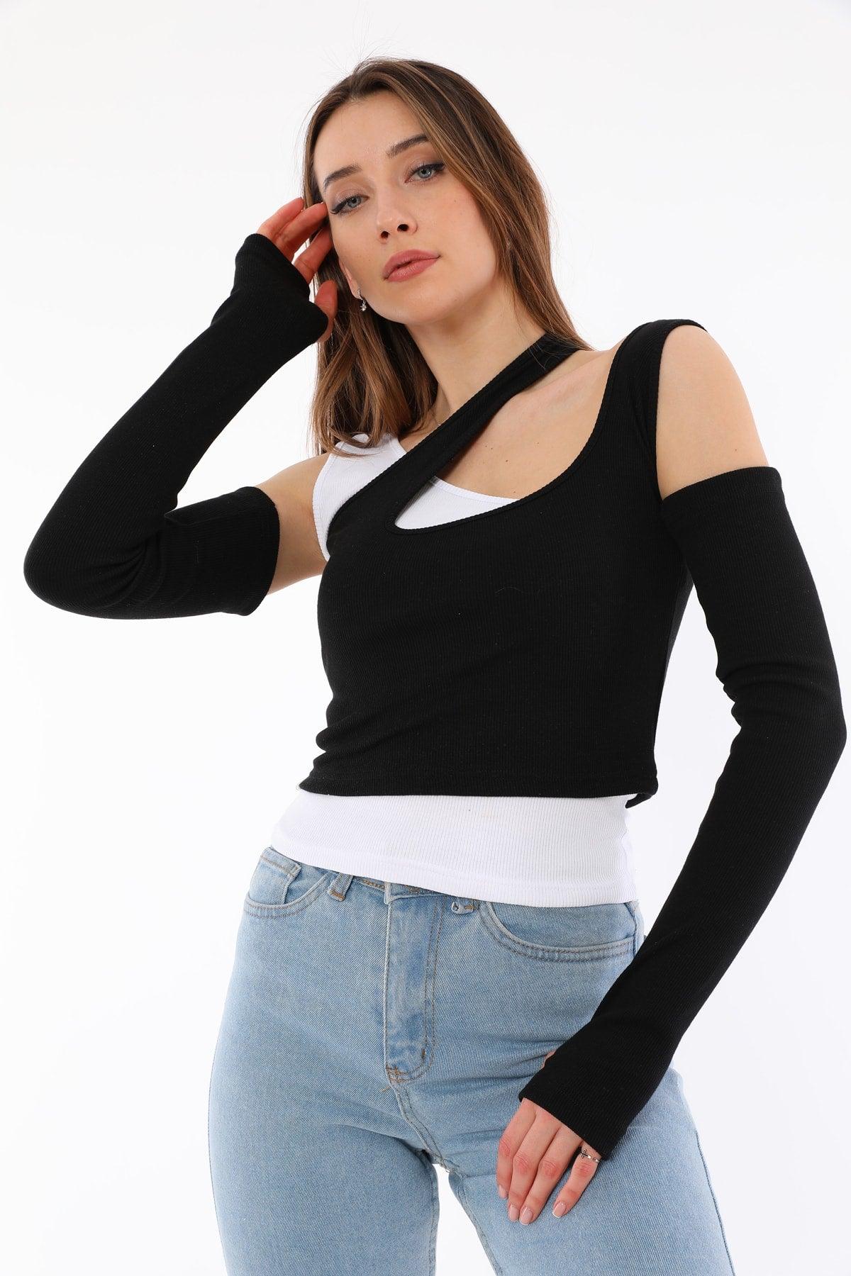 Double Crop Blouse Black White - Swordslife