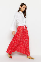 Red Floral Patterned Pleated Elastic Waist Knitted Skirt TCTSS23EE00018 - Swordslife
