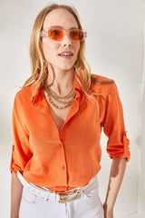 Women's Orange Sleeve Fold Linen Shirt GML-19000825 - Swordslife