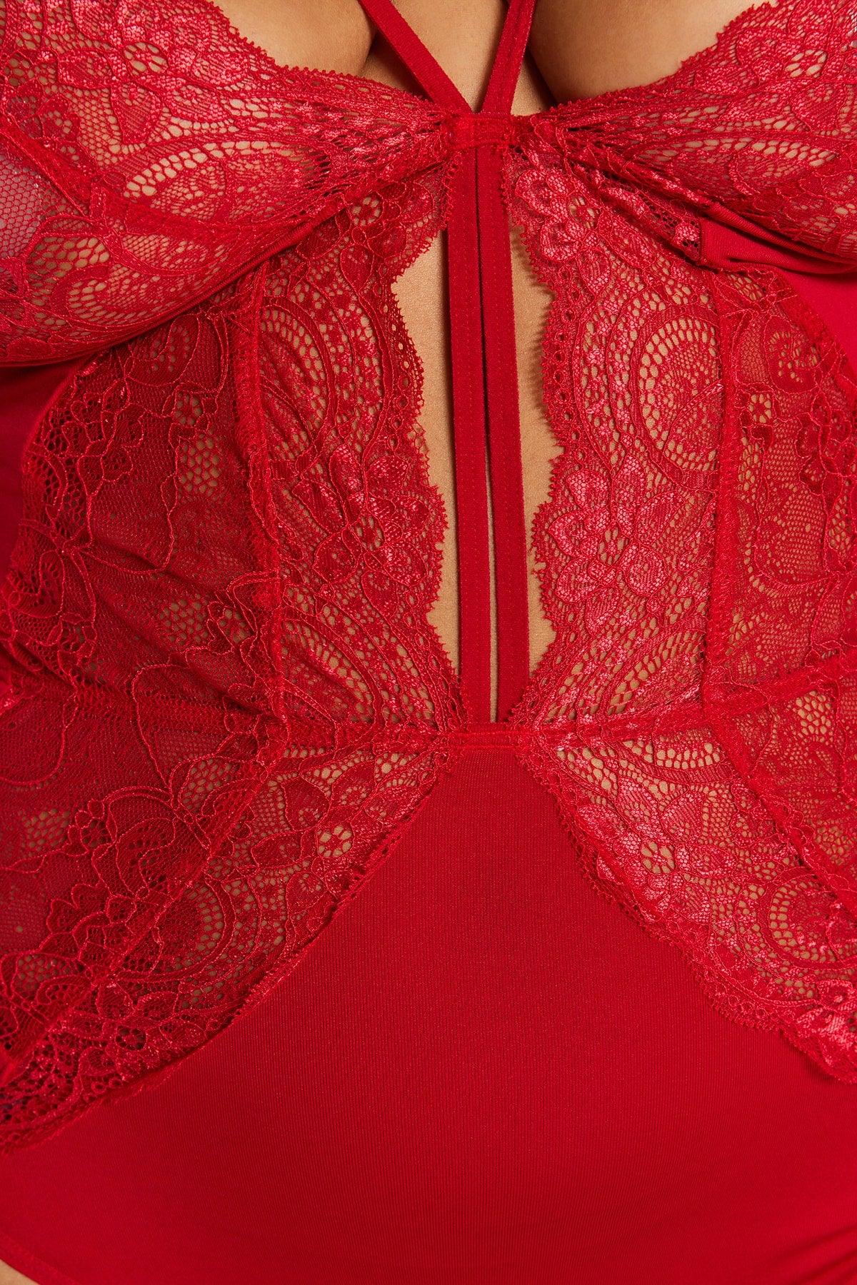 Red Lace Detailed Bodysuit TBBSS23CS00000 - Swordslife