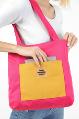 Fuchsia/gray/mustard U22 3-Compartment Front 2 Pocket Detailed Canvas Fabric Daily Women's Arm and Shoulder Bag B:35 E