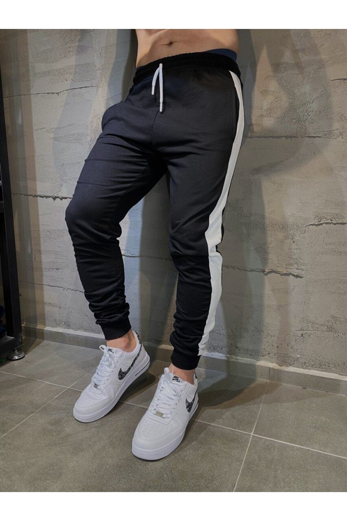 Men's Black and White Striped Sweatpants Cotton Elastic Leg