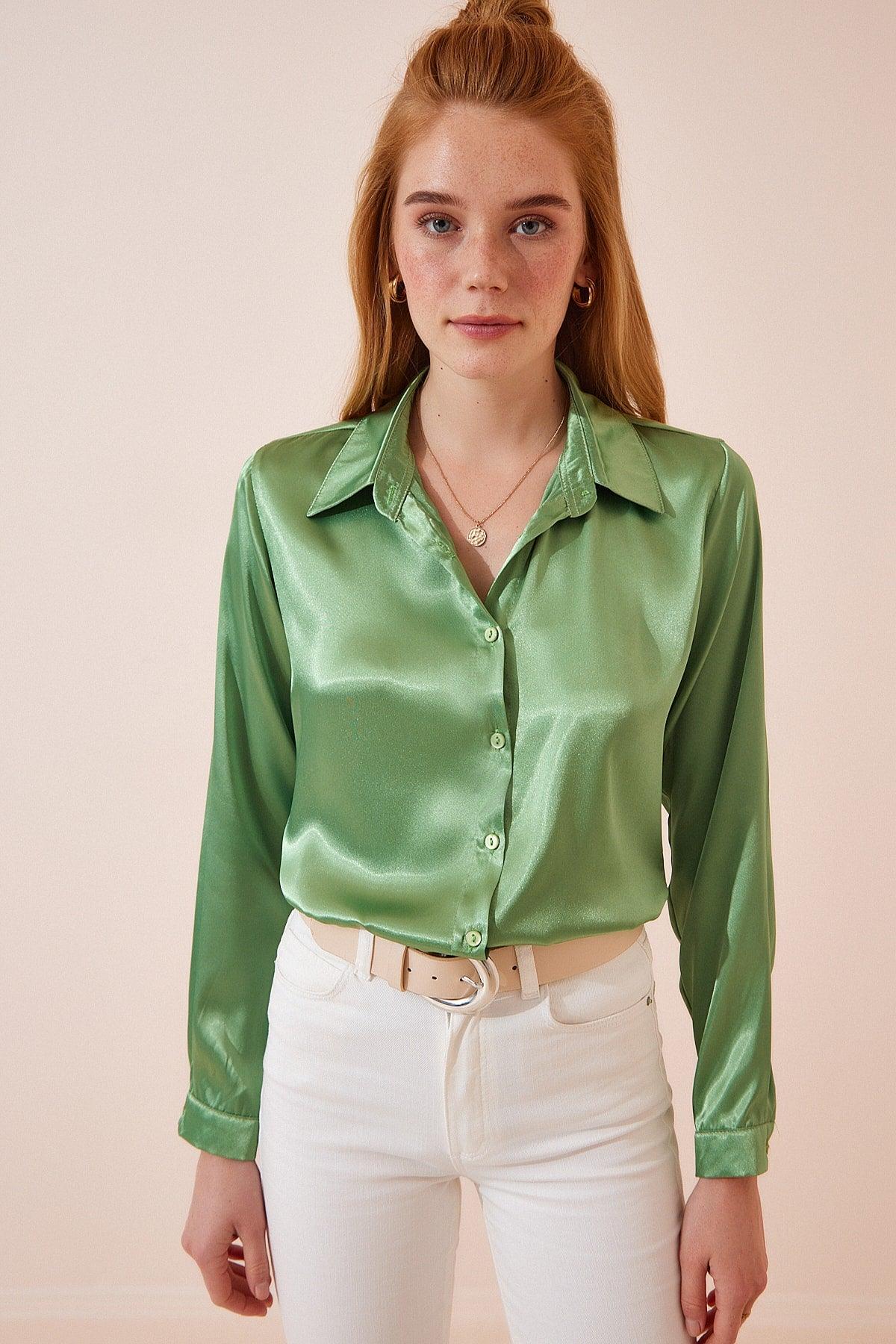 Women's Pistachio Green Lightly Flowy Satin Shirt DD00990 - Swordslife