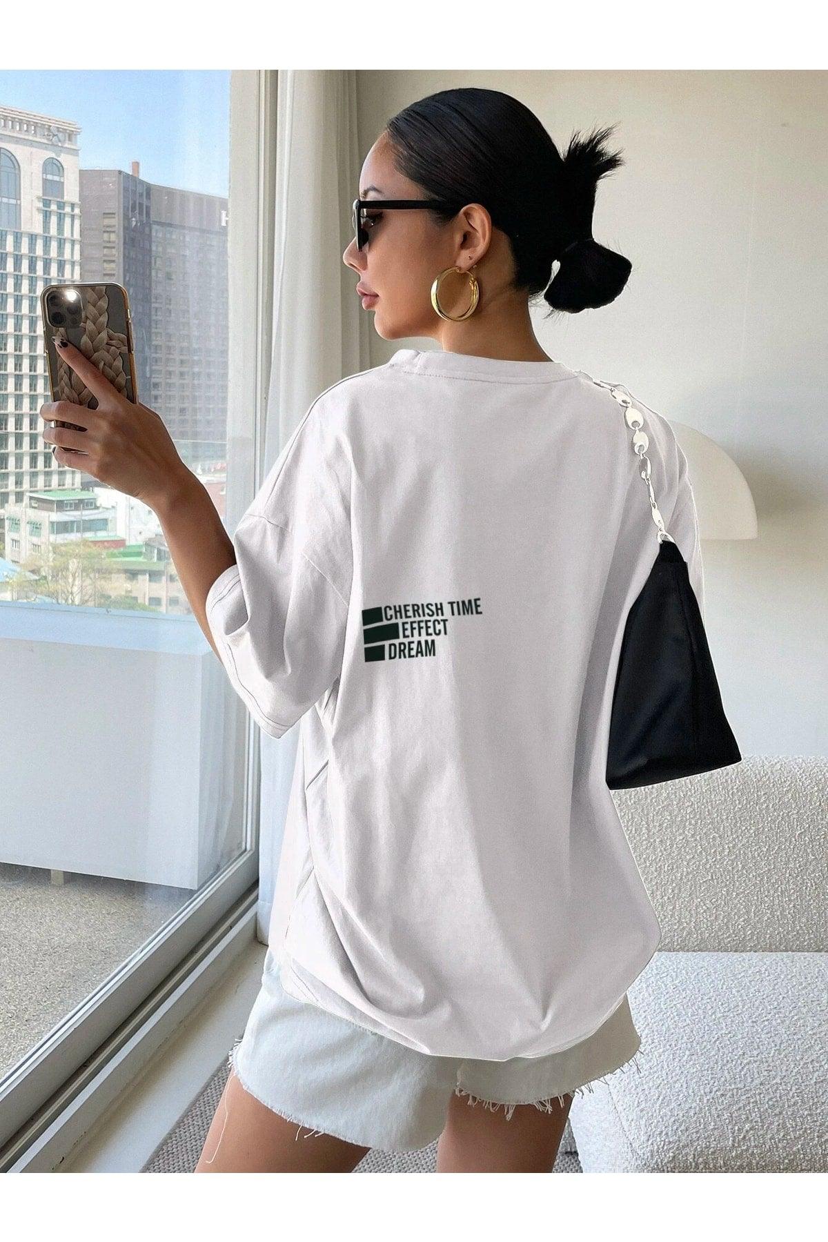 Women's White Cheerish Print Oversize T-shirt - Swordslife