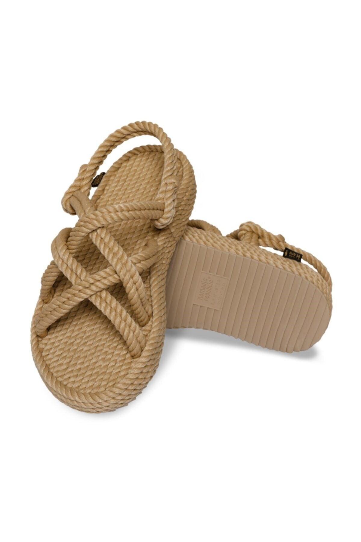 Women's Beige Bodrum Platform Women's Rope Rope Sandals - Swordslife