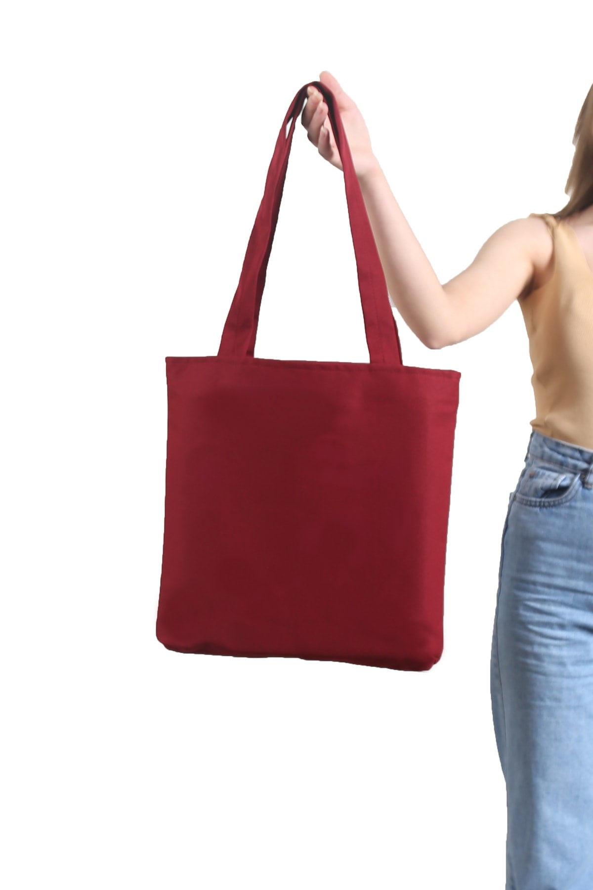 Women's Claret Red Bag Zippered Hand And Shoulder Bag Canvas Fabric Tote Bag