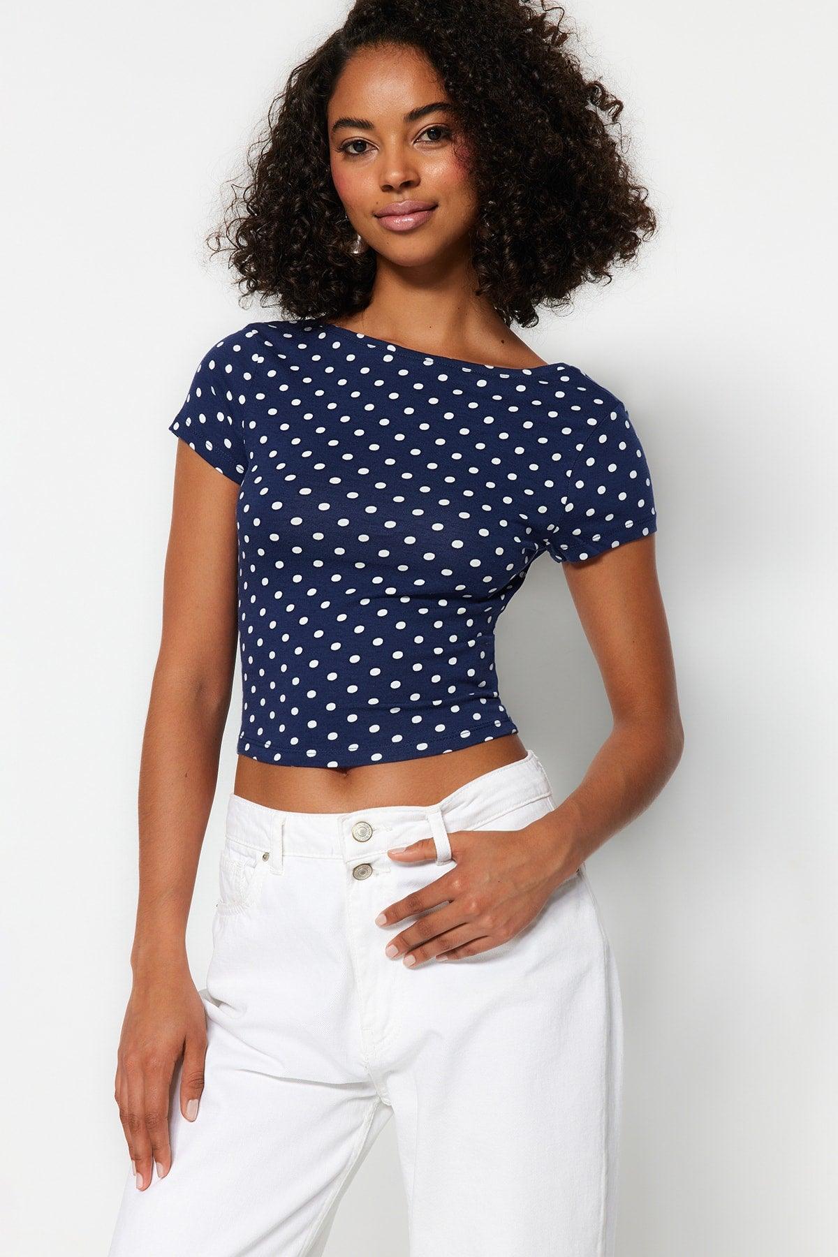 Navy Blue Polka Dot Printed Open Back Cotton Stretch Knitted Blouse TWOSS23BZ00912 - Swordslife