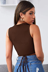 Women's Brown Cross-Cover Crop Top Blouse - Swordslife