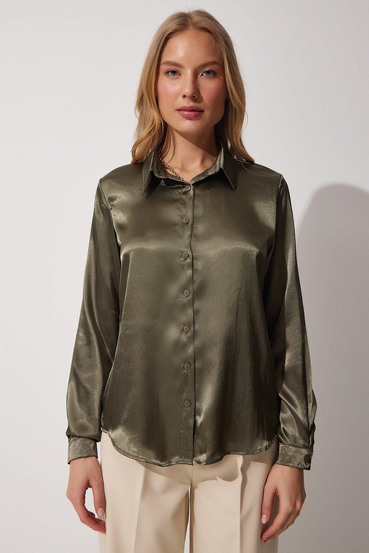 Women's Dark Khaki Lightly Flowy Satin Shirt DD00990 - Swordslife