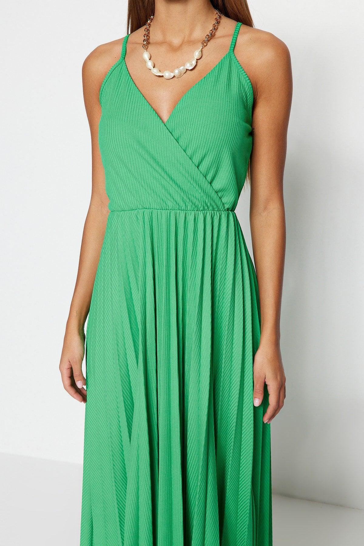 Green Waist Drop/Skater Midi Double Breasted Pleated Strap Stretch Knitted Dress TWOSS20EL2729 - Swordslife