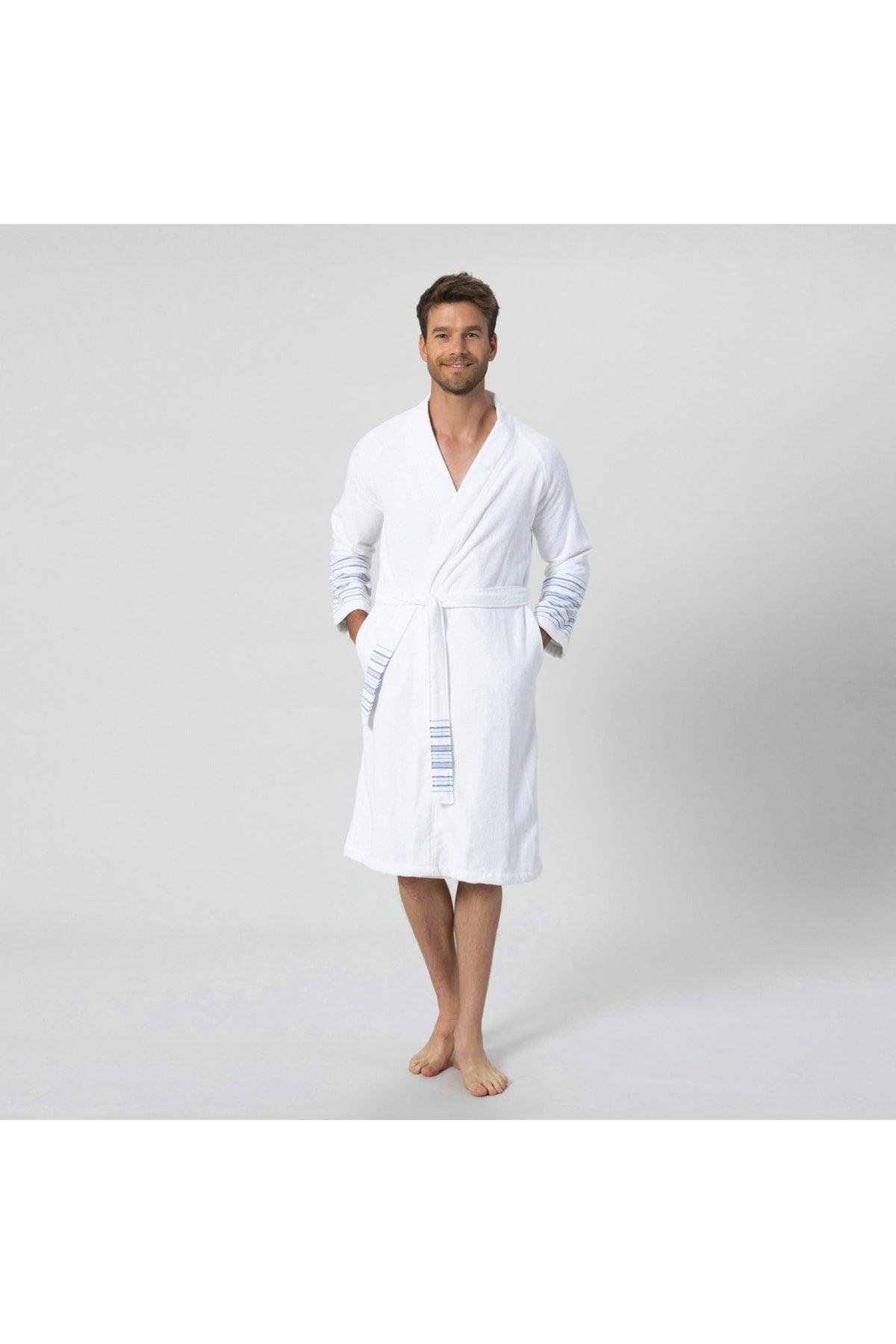 Deep Unisex Bathrobe White/Marine Blue - Swordslife