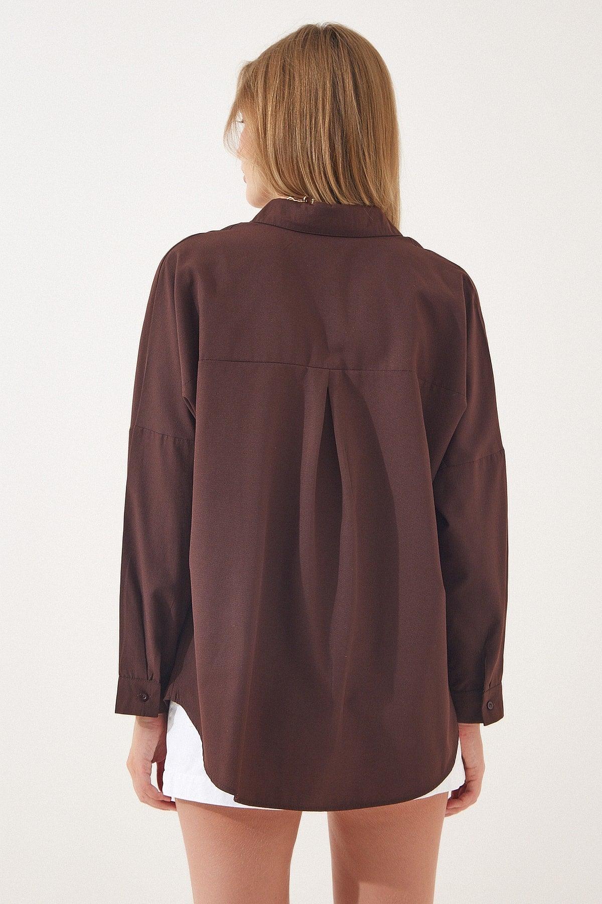 Women's Brown Oversize Long Basic Shirt DD00842 - Swordslife