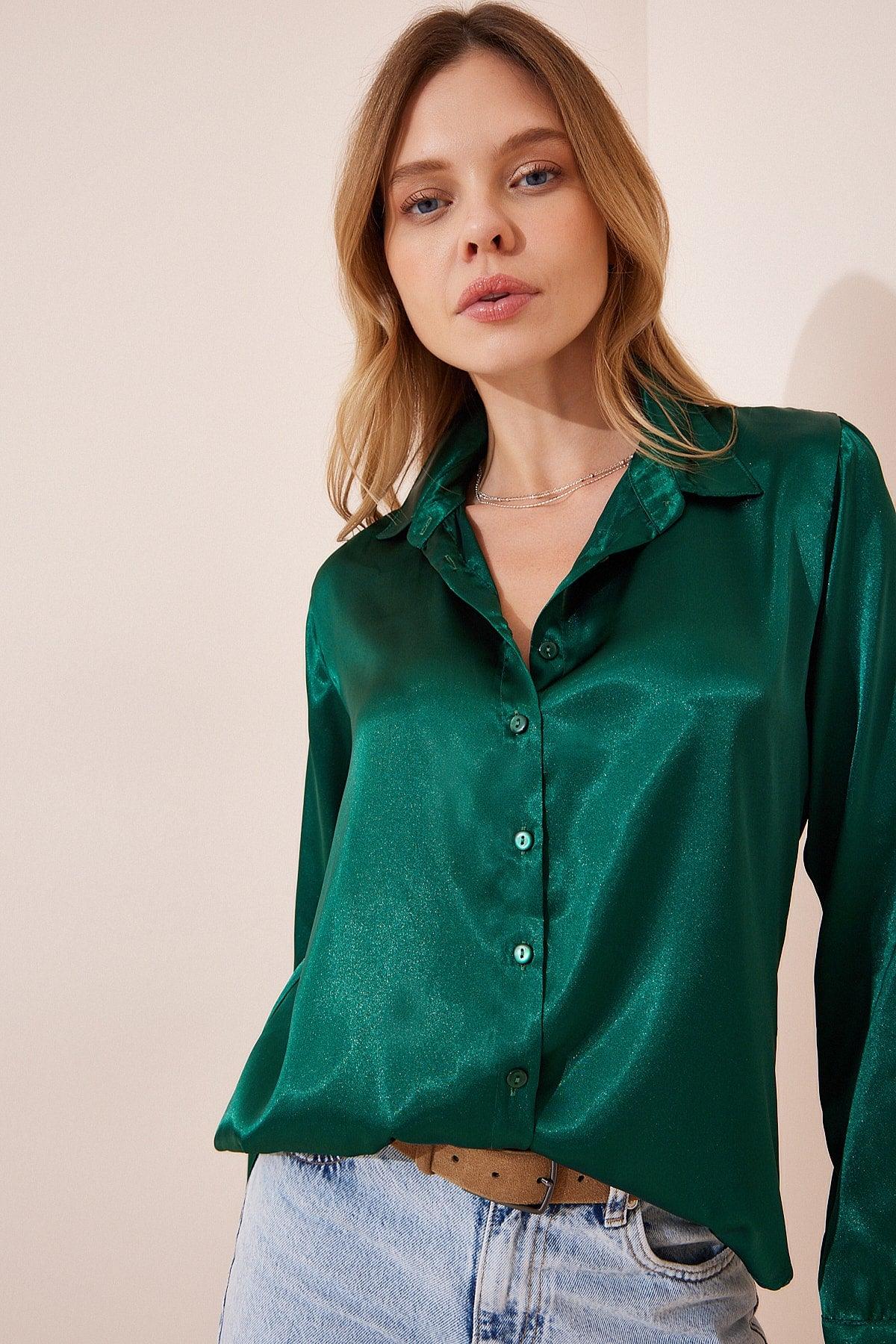 Women's Emerald Green Lightly Flowy Satin Finish Shirt DD00990 - Swordslife