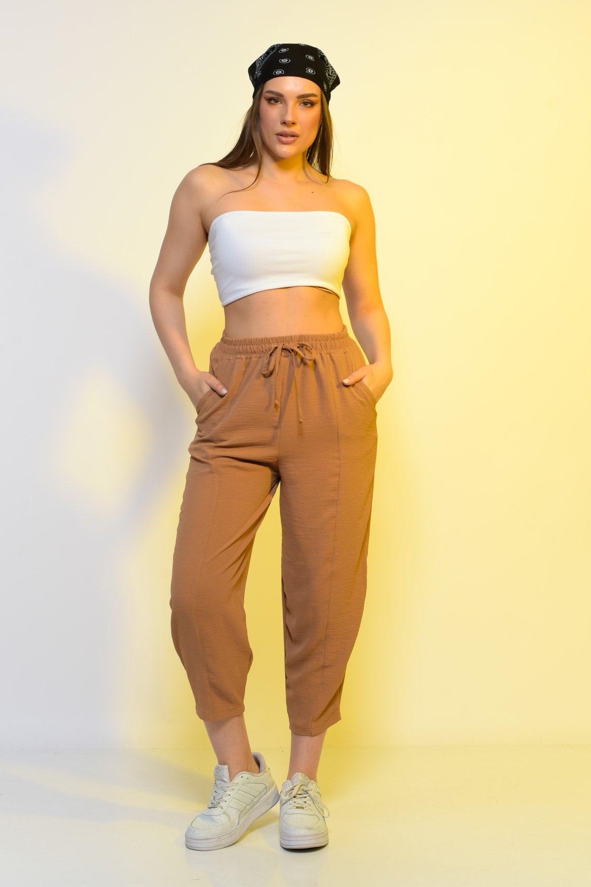 New Season Summer Elastic Waist Slim Pants High Waist Women Light Brown Casual Trousers - Swordslife