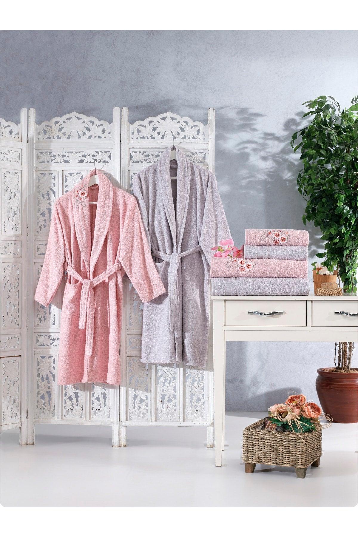 Family Embroidered Pink & Lilac Family Bathrobe Set 6 Pieces Dowry Women Men Bathrobes Bath Towel Set - Swordslife