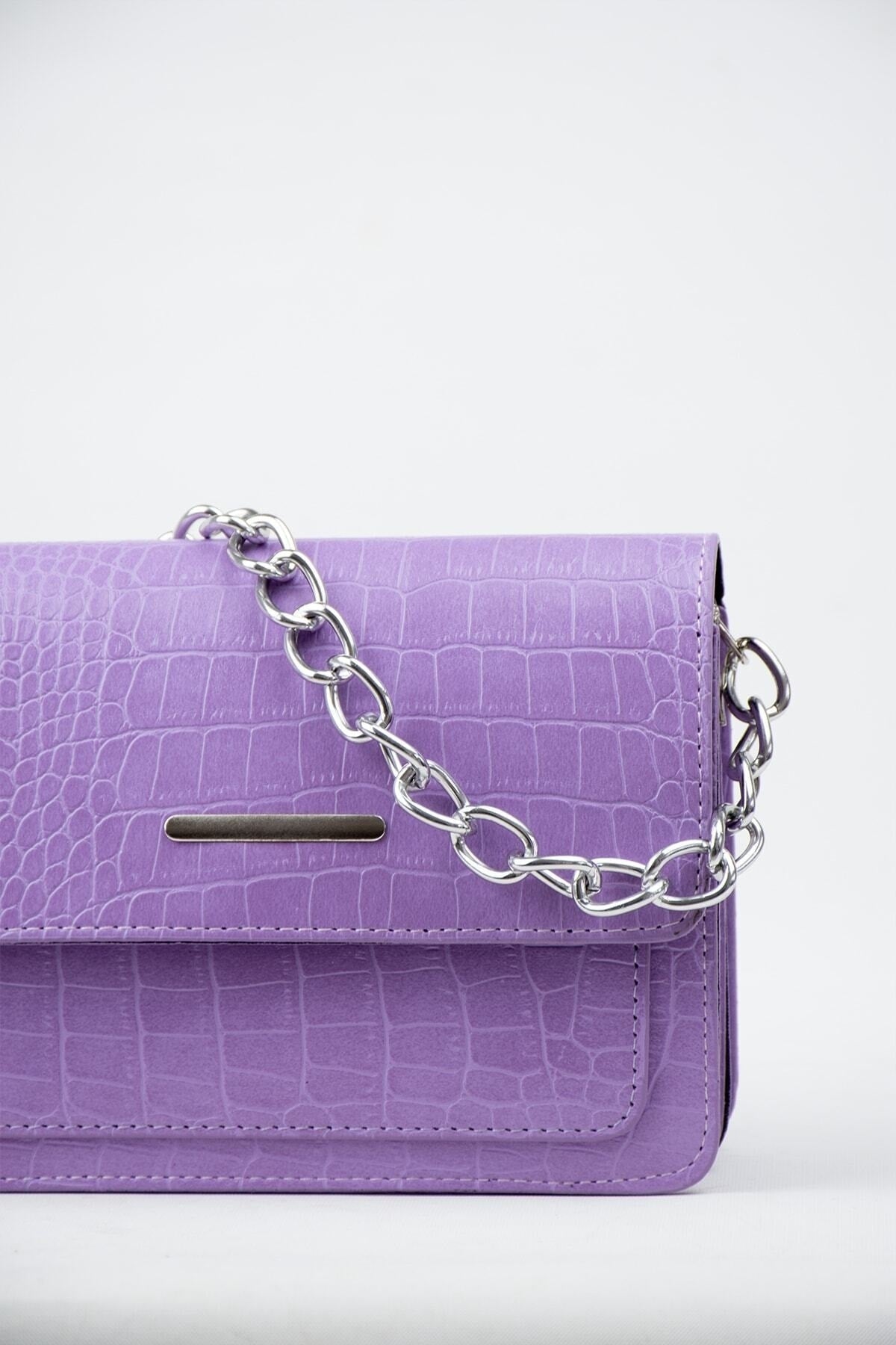 Lilac Women Crocodile Patterned Clutch Baguette Chain Strap Bag