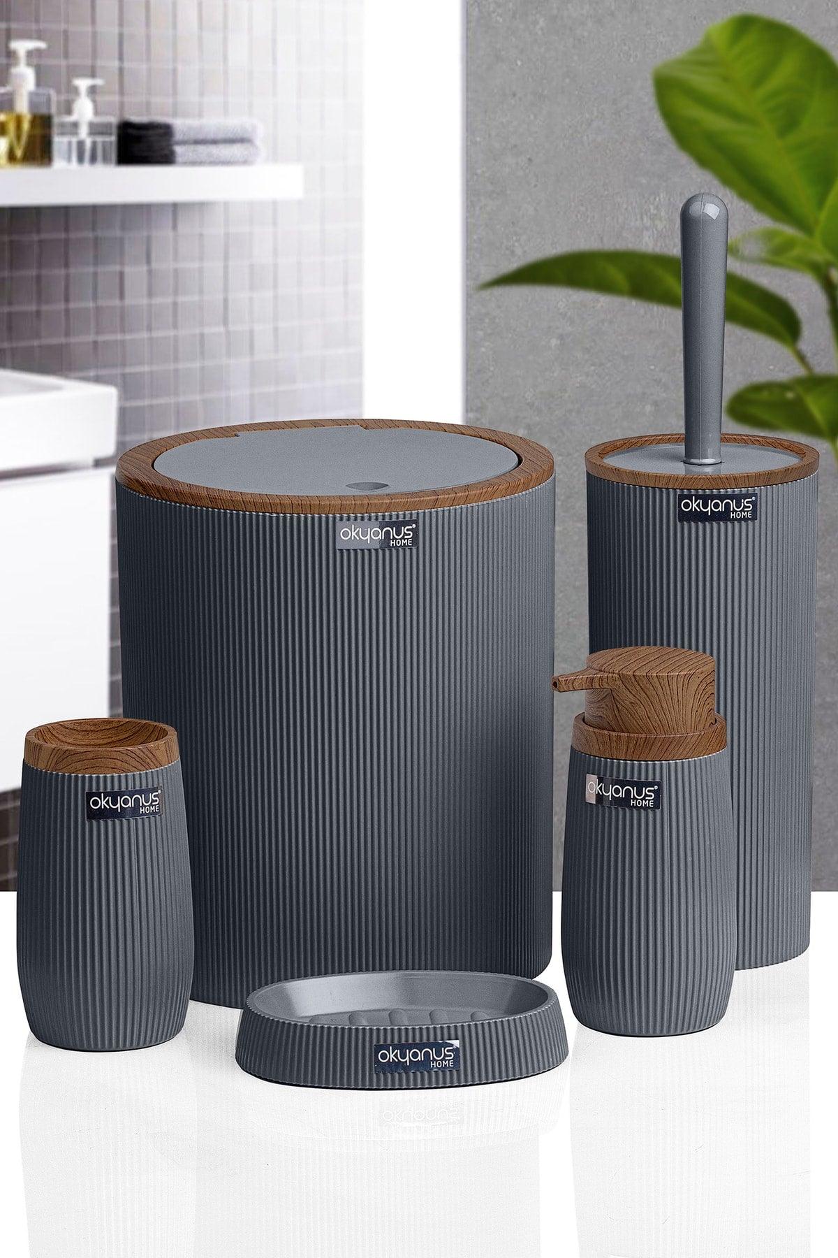 Anthracite Wooden Striped Round 5 Piece Bathroom Set - Swordslife