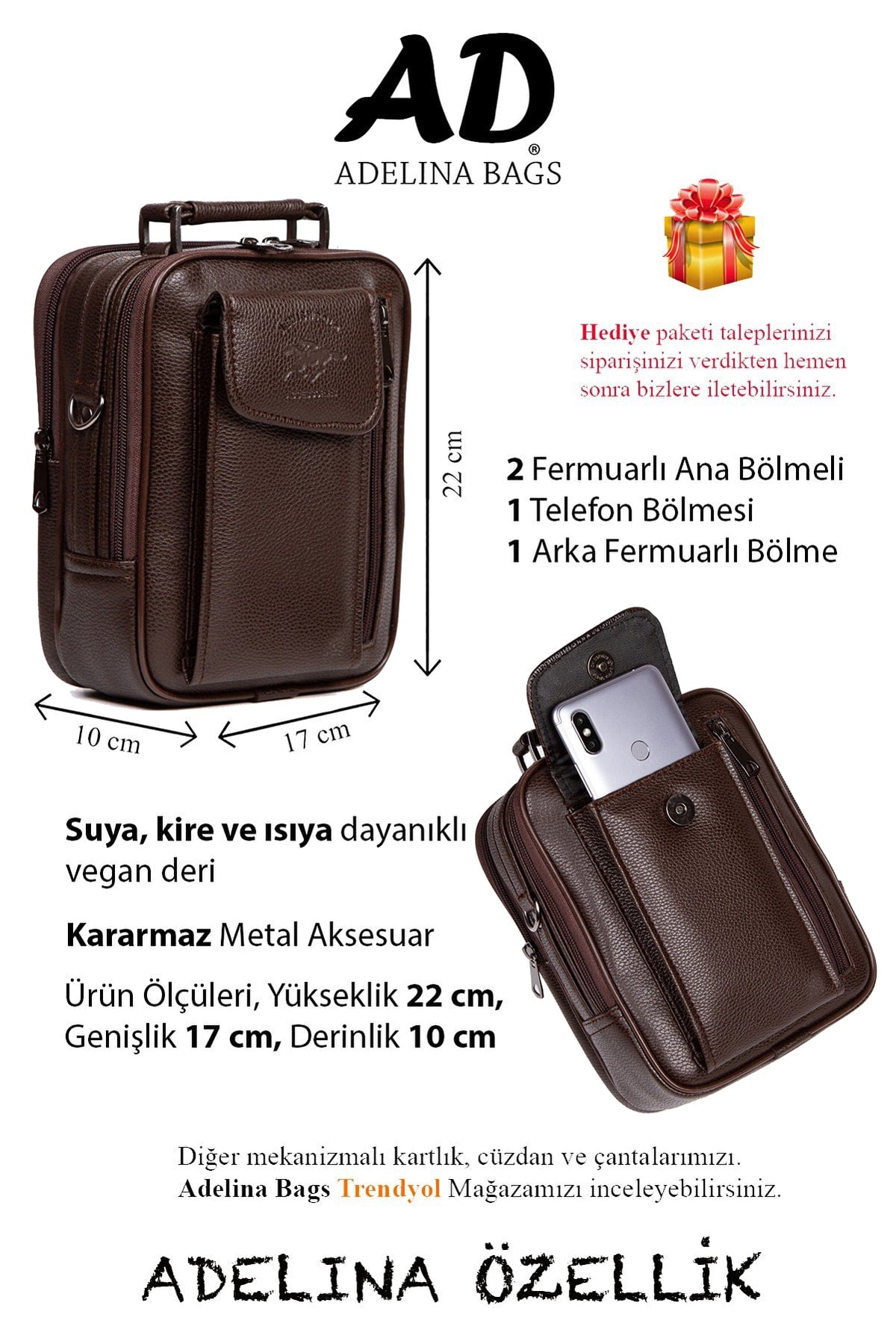 Dark Brown Leather Steel Case Hand And Shoulder Bag With Phone Compartment And Card Holder Wallet With Mechanism