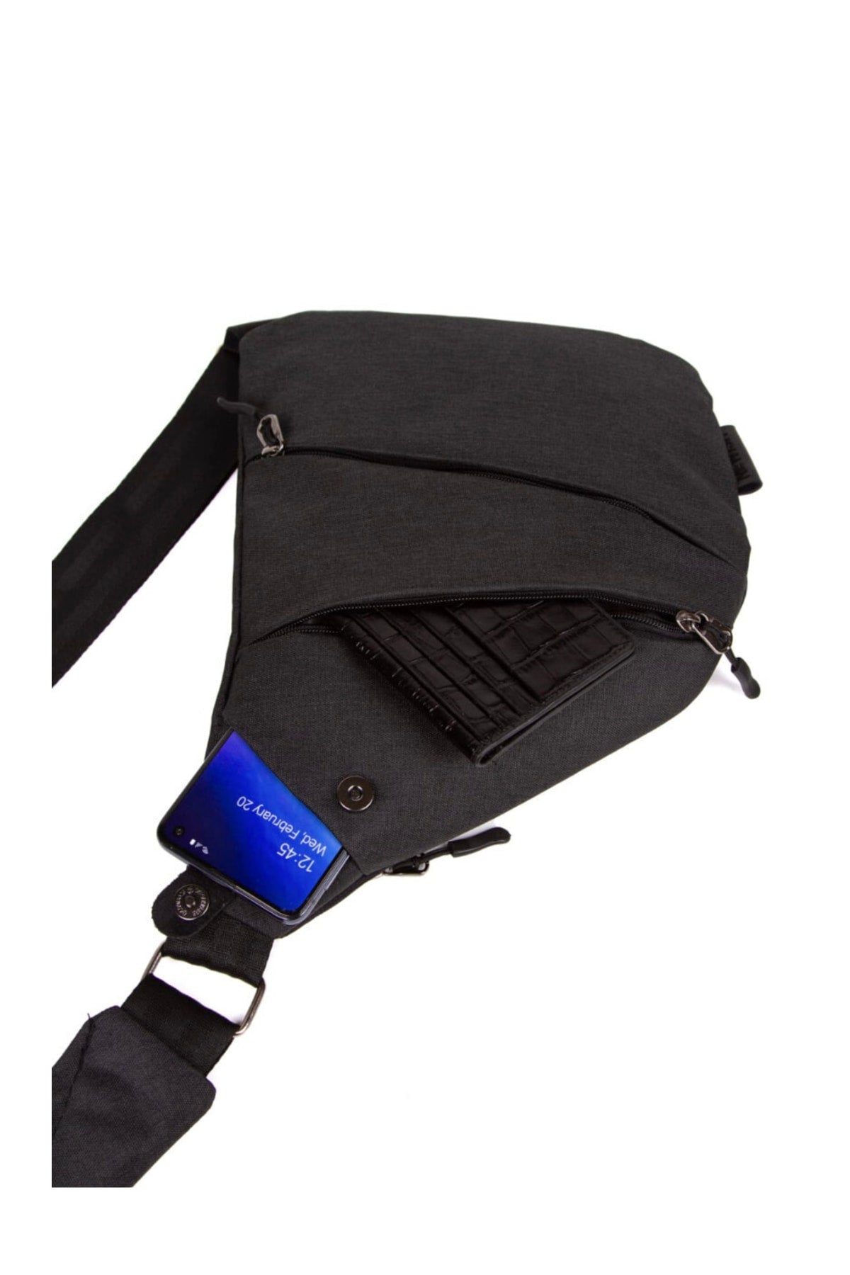 Unisex Black Saddlebag Shoulder Chest Bag With Phone Compartment Diagonal Bag Slim Body Bag