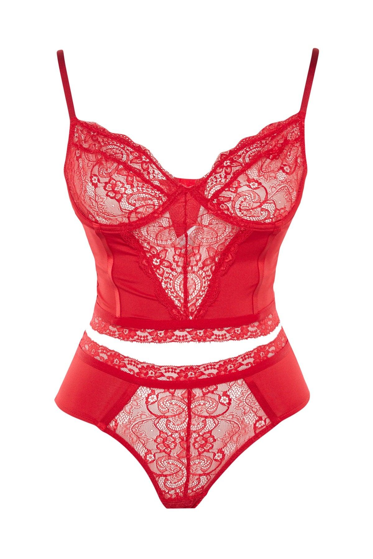 Red Lace Detailed Bustier-Panties Underwear Sets TBBSS23DG00000 - Swordslife