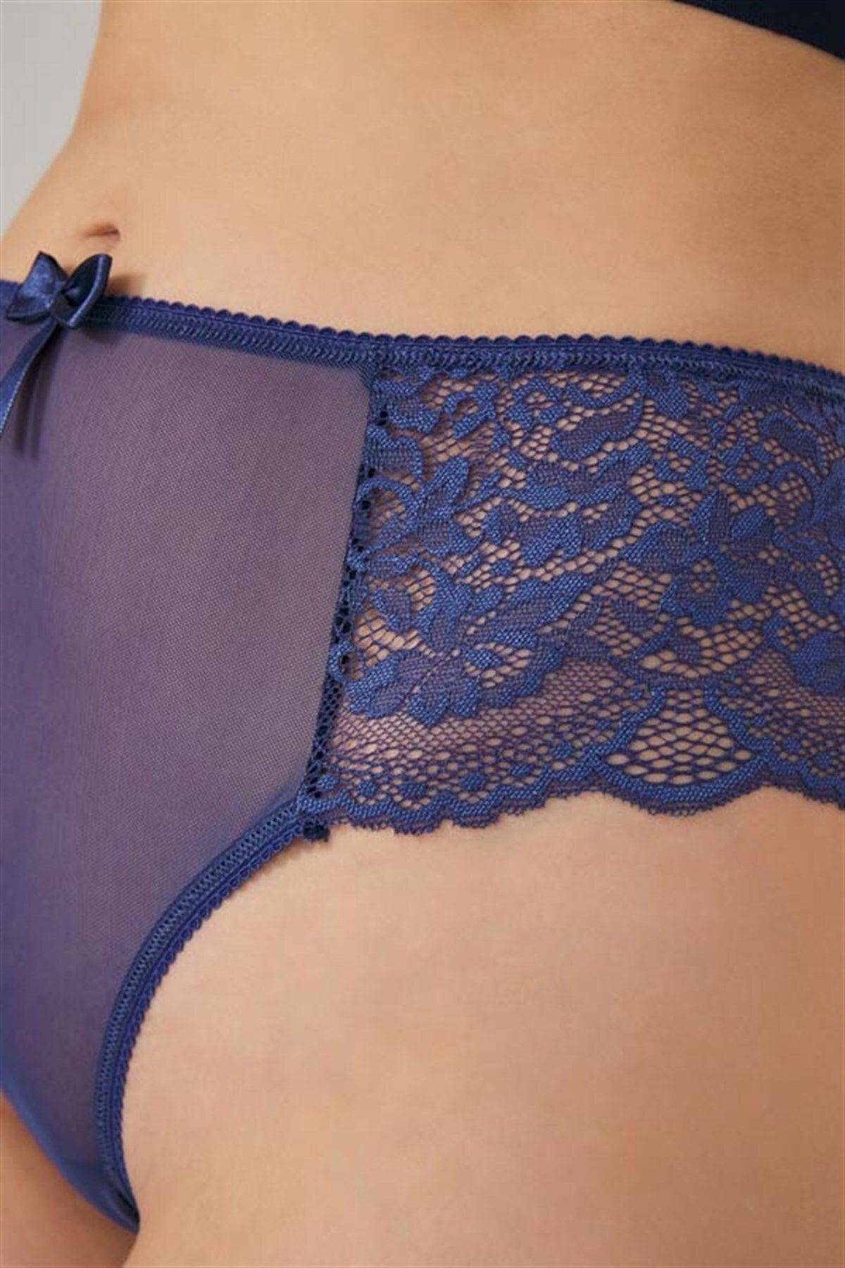 Dark Cobalt Lace Tulle Detailed Plus Size Women's Brazilian Panties - Swordslife