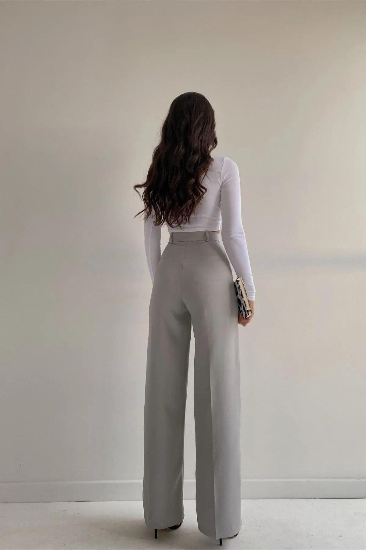 Women's Gray Front Stitched Detailed High Waist Palazzo Trousers - Swordslife