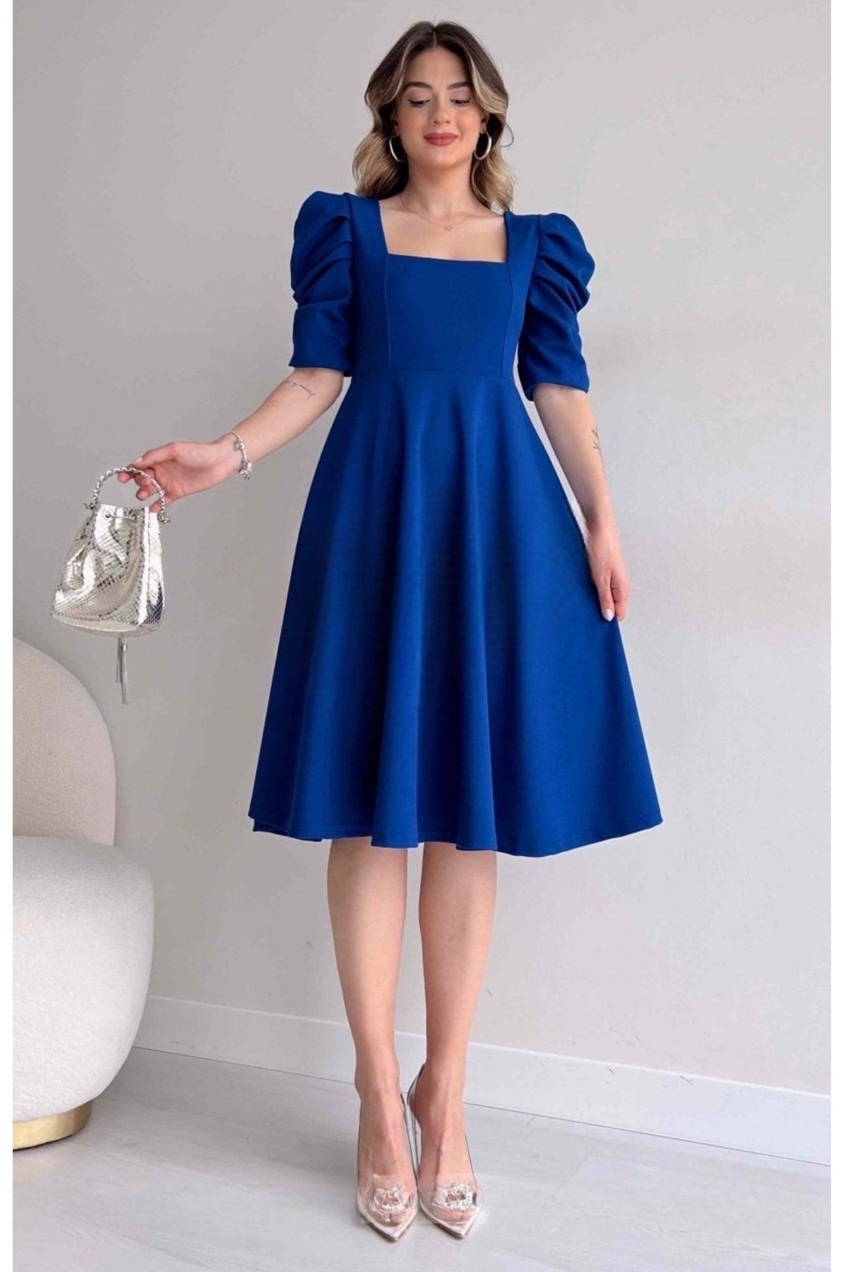 Women's Crepe Fabric Short Sleeve Square Collar Midi Length Flared Cut Sax Blue Dress 080 - Swordslife