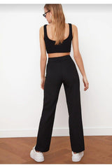 Women's Black Front Stitching Detail High Waist Palazzo Trousers - Swordslife