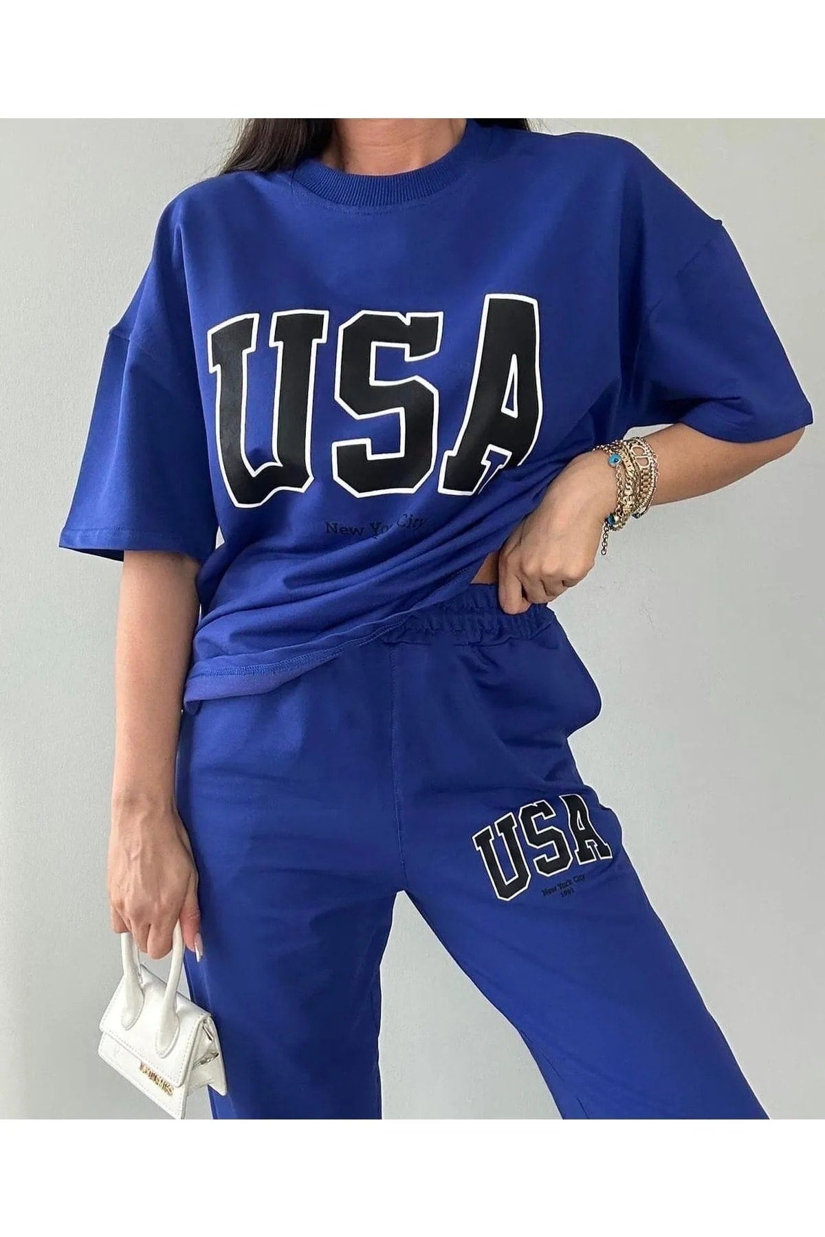 Usa T-shirt Sweatpants Jogger- Blue Printed Bottom Top Tracksuit Suit Oversize Crew Neck