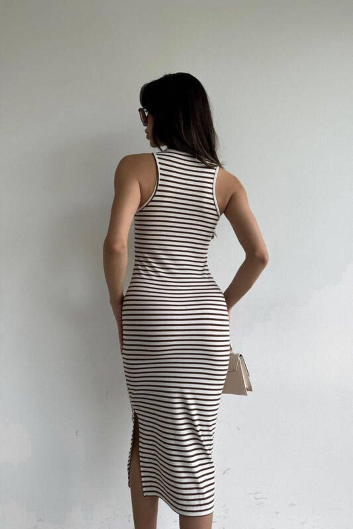 Brown Striped Midi Length Pencil Dress (zck0486) - Swordslife