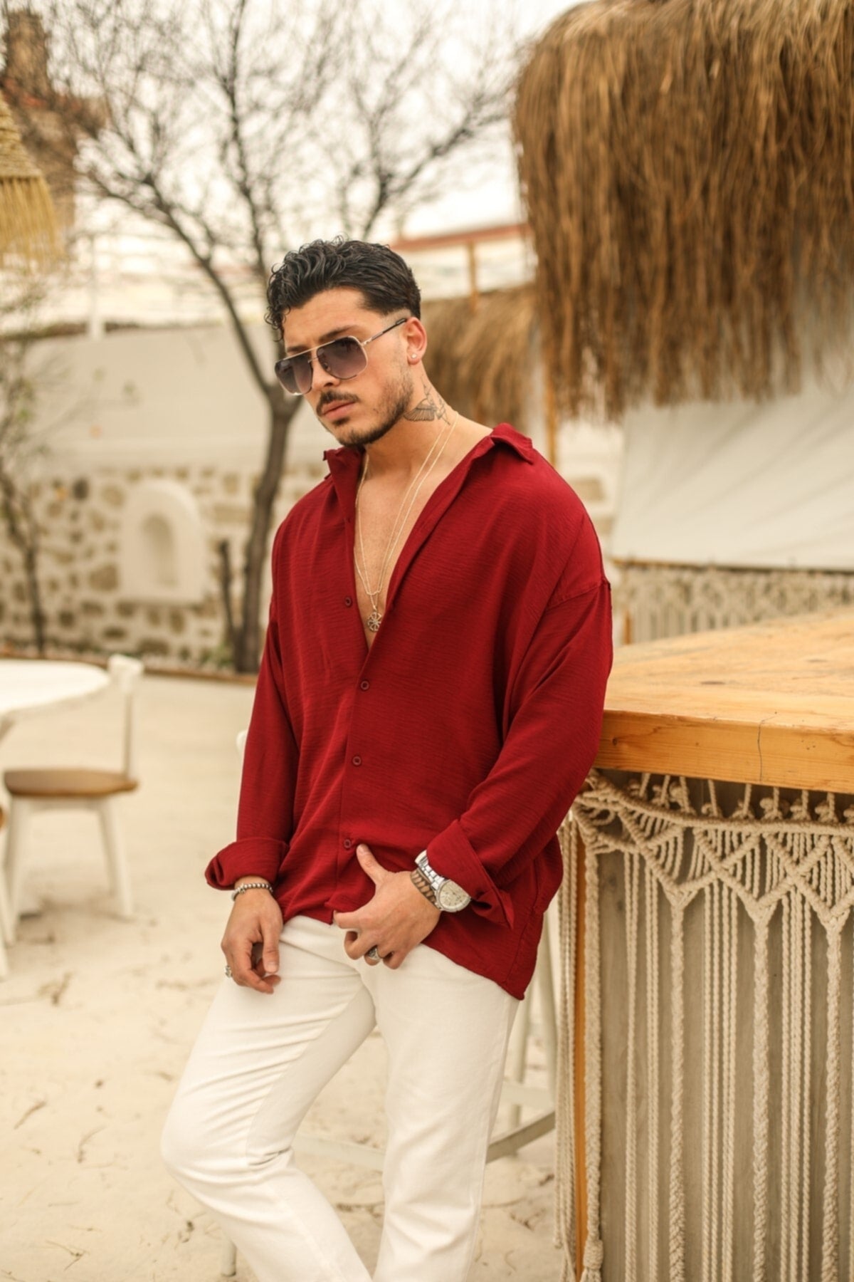 Textured Oversize Shirt Claret Red 70171021