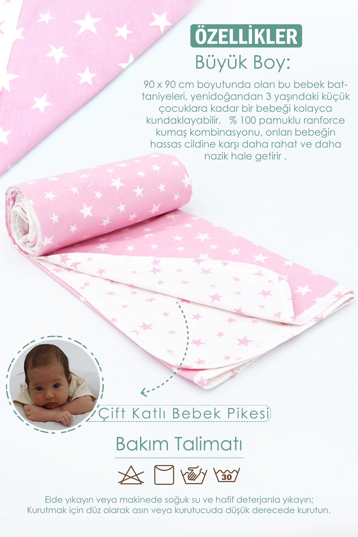 Orthopedic Baby Mattress, Pique and Stroller Accessories Set of 6, Pink Color Stars Pattern