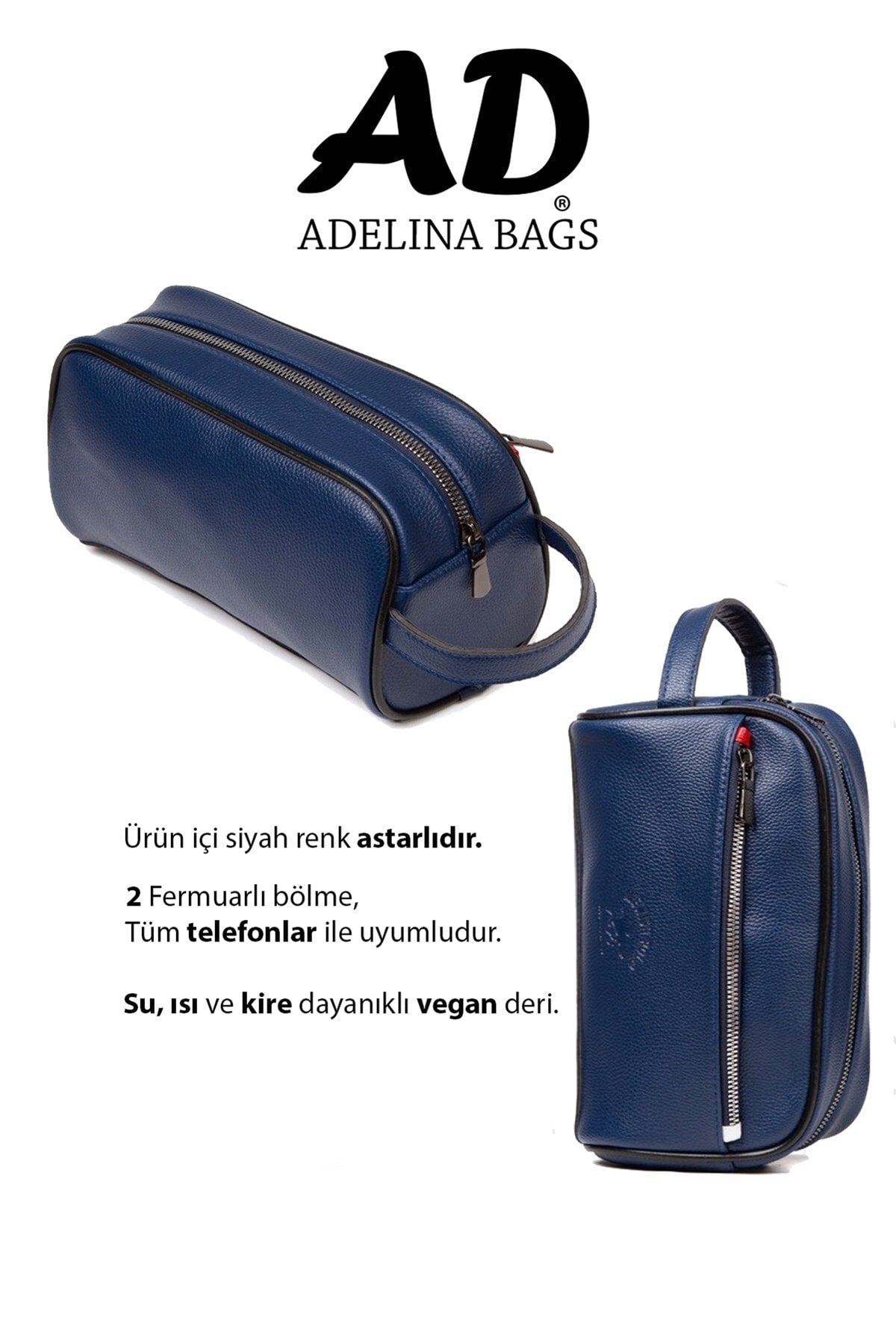 Adelina Navy Blue Leather Portfolio Clutch Bag Travel Shaving Cosmetic Clutch Bag