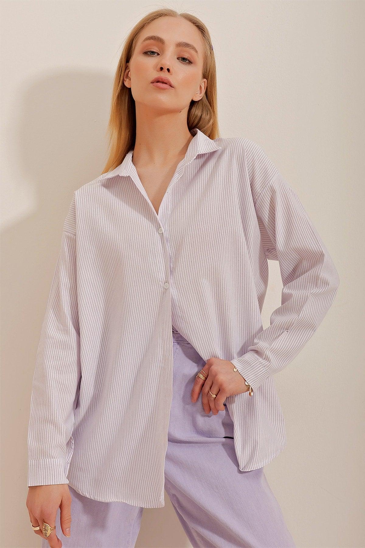 Women's Lilac Striped Oversize Shirt ALC-X10232 - Swordslife