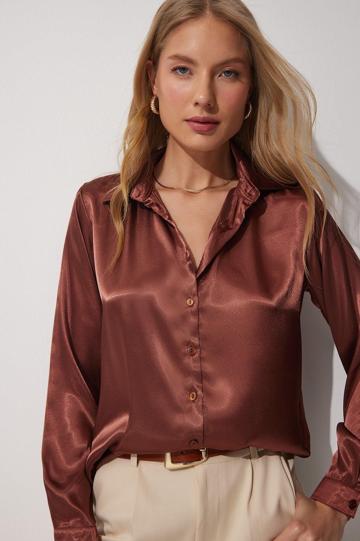 Women's Brown Light Flowy Satin Shirt DD00990 - Swordslife