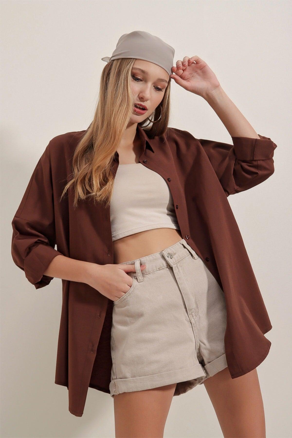 3900 Oversize Long Basic Shirt - Brown - Swordslife