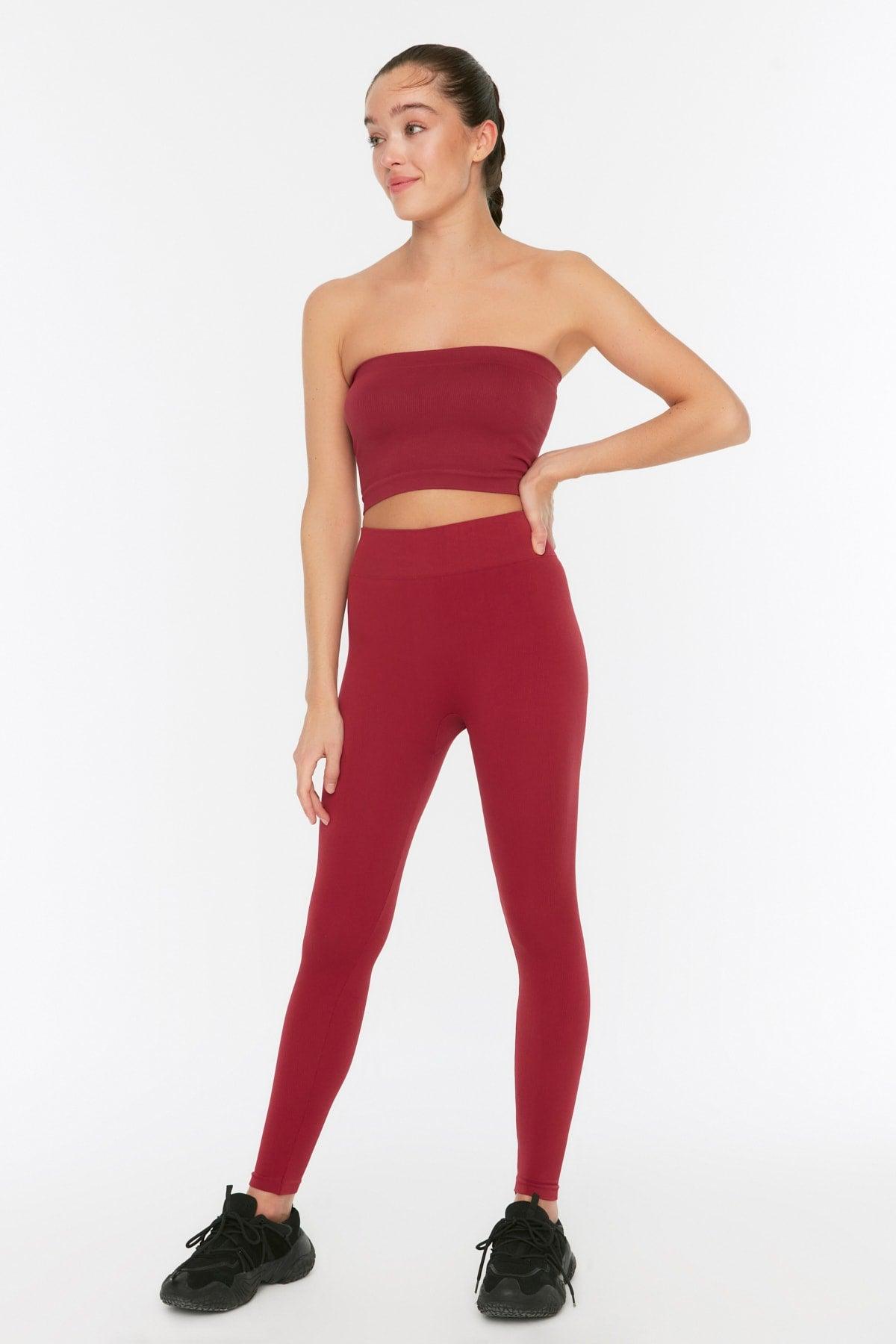 Burgundy Seamless/Seamless Ribbed Full Length Sports Leggings TWOAW20TA0071 - Swordslife