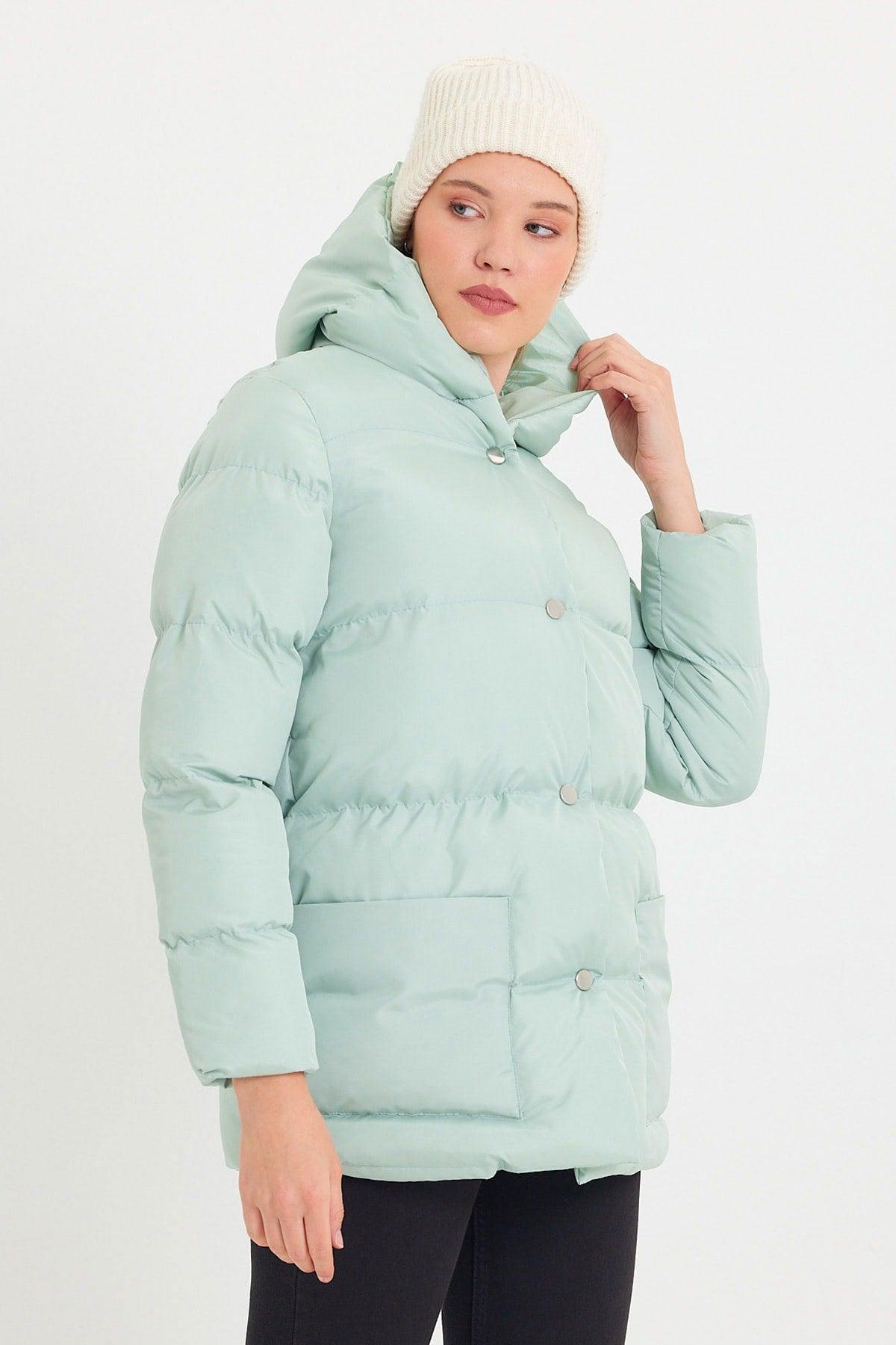 Women's Mint Green Monica Regular Fit Long Front Button Filled Waterproof Fabric Hooded Coat Tbg094 - Swordslife