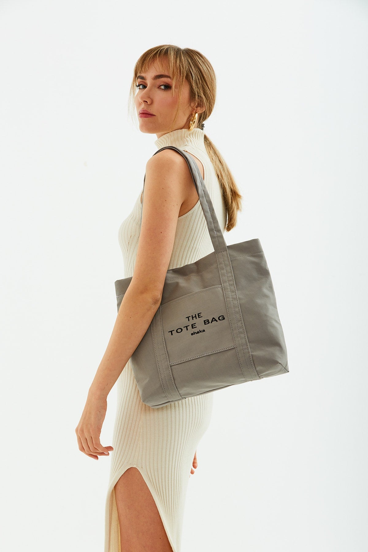 Gray U46 Snap Closure Front Pocket Detailed Tote Bag Embroidered Canvas Women's Arm And Shoulder Bag U:30 E:3