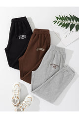 3-Pack Minimal Printed Jogger Sweatpants - Black, Gray And Brown, Elastic Leg, High Waist, Summer