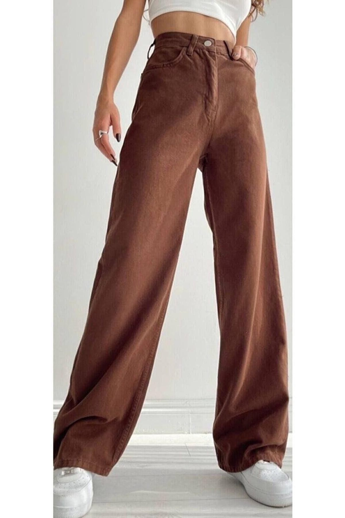 Elena Power Lycra Loose Women Light Brown High Waist Wide Leg Denim Jeans - Swordslife