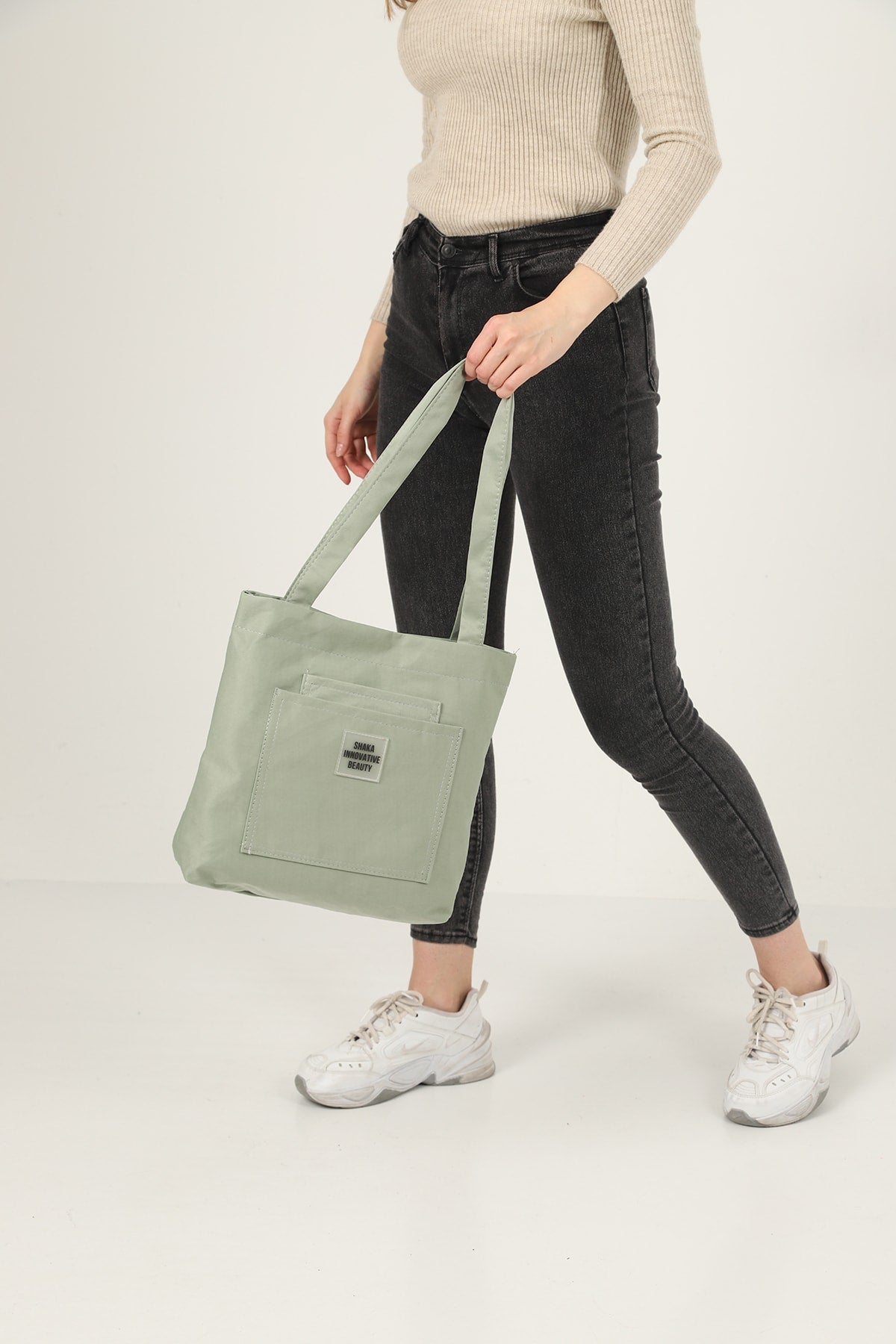 Green U22 3-Compartment Front 2 Pocket Detailed Canvas Fabric Daily Women's Arm and Shoulder Bag B:35 E:35