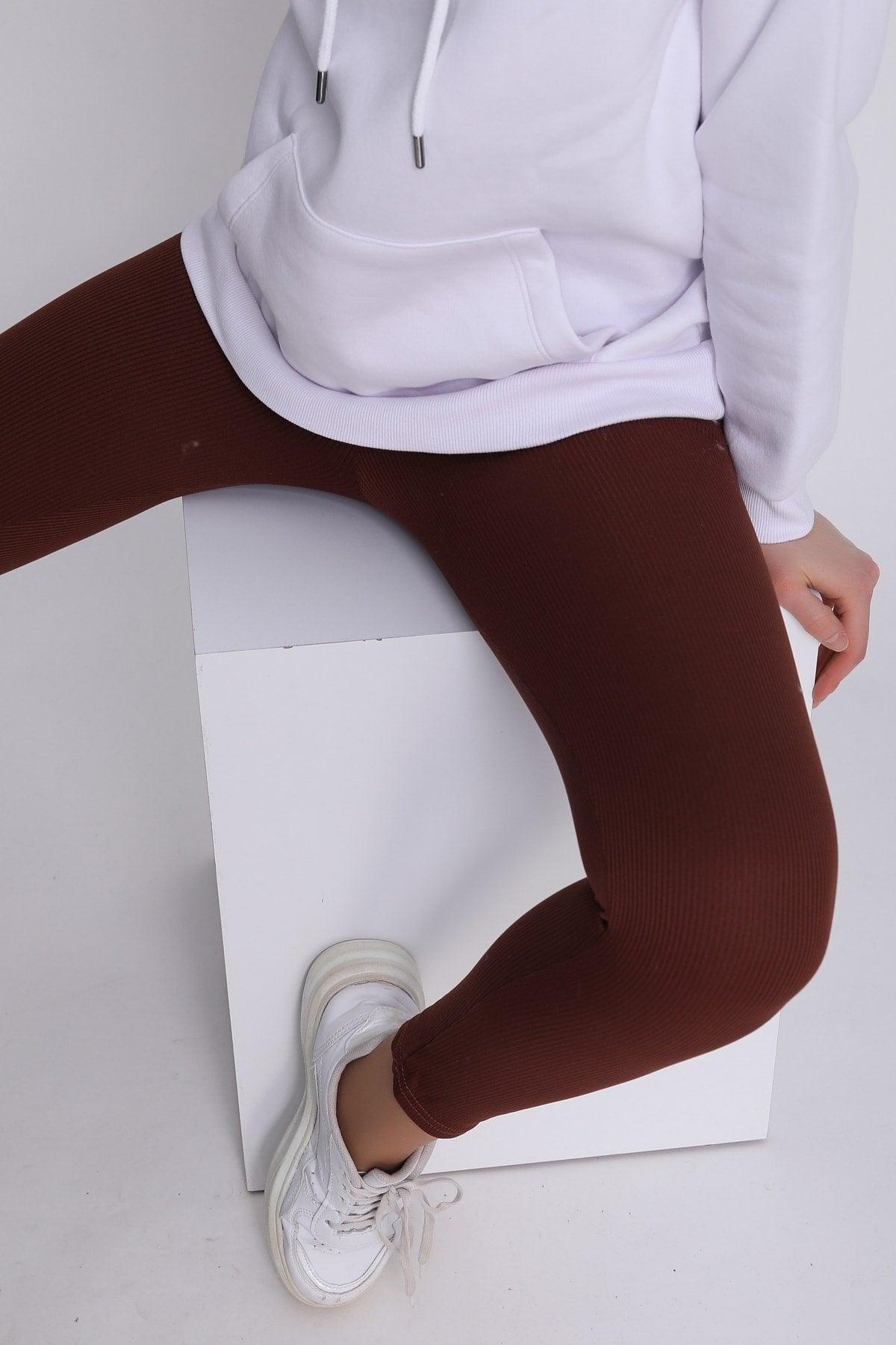 Curve Plus Size Ribbed High Waist Contouring Brown Tights - Swordslife