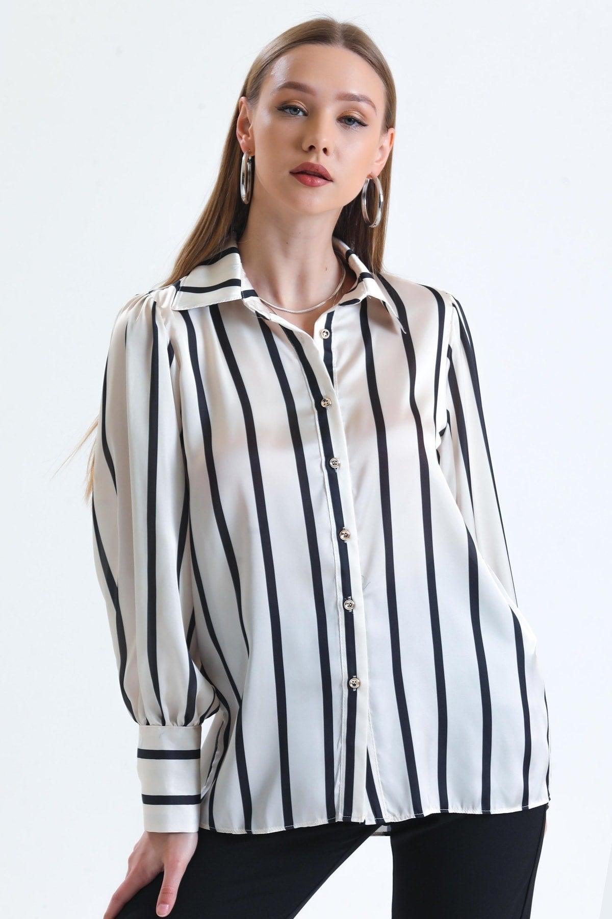 Women's Black Balloon Sleeve Ruffle Detailed Oversize Striped Satin Shirt - Swordslife