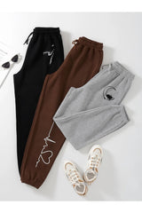 3-pack Cat And Moon Printed Jogger Sweatpants - Black Gray And Brown Elastic Leg High Waist Summer