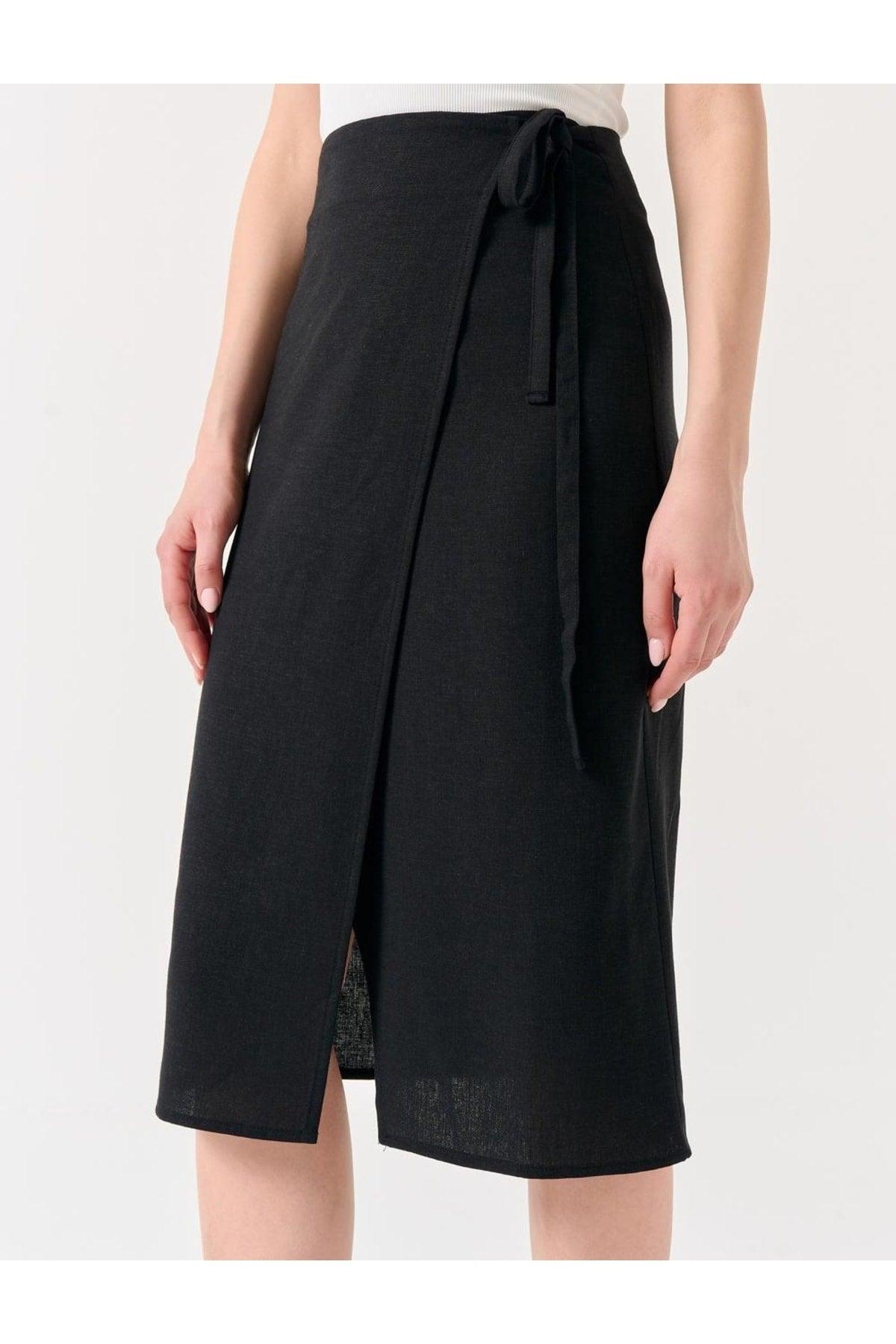 Black Regular Waist Slit Midi Linen Skirt - Swordslife