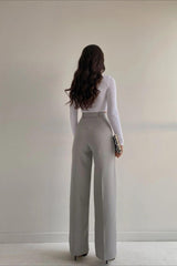 Women's Gray Front Stitched High Waist Palazzo Trousers - Swordslife