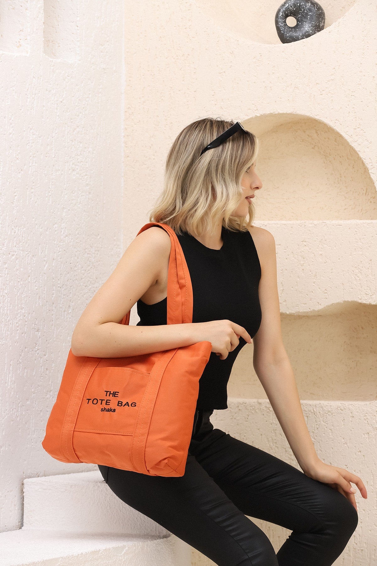 Orange U46 Snap Closure Front Pocket Detailed Tote Bag Embroidered Canvas Women's Arm and Shoulder Bag U:30