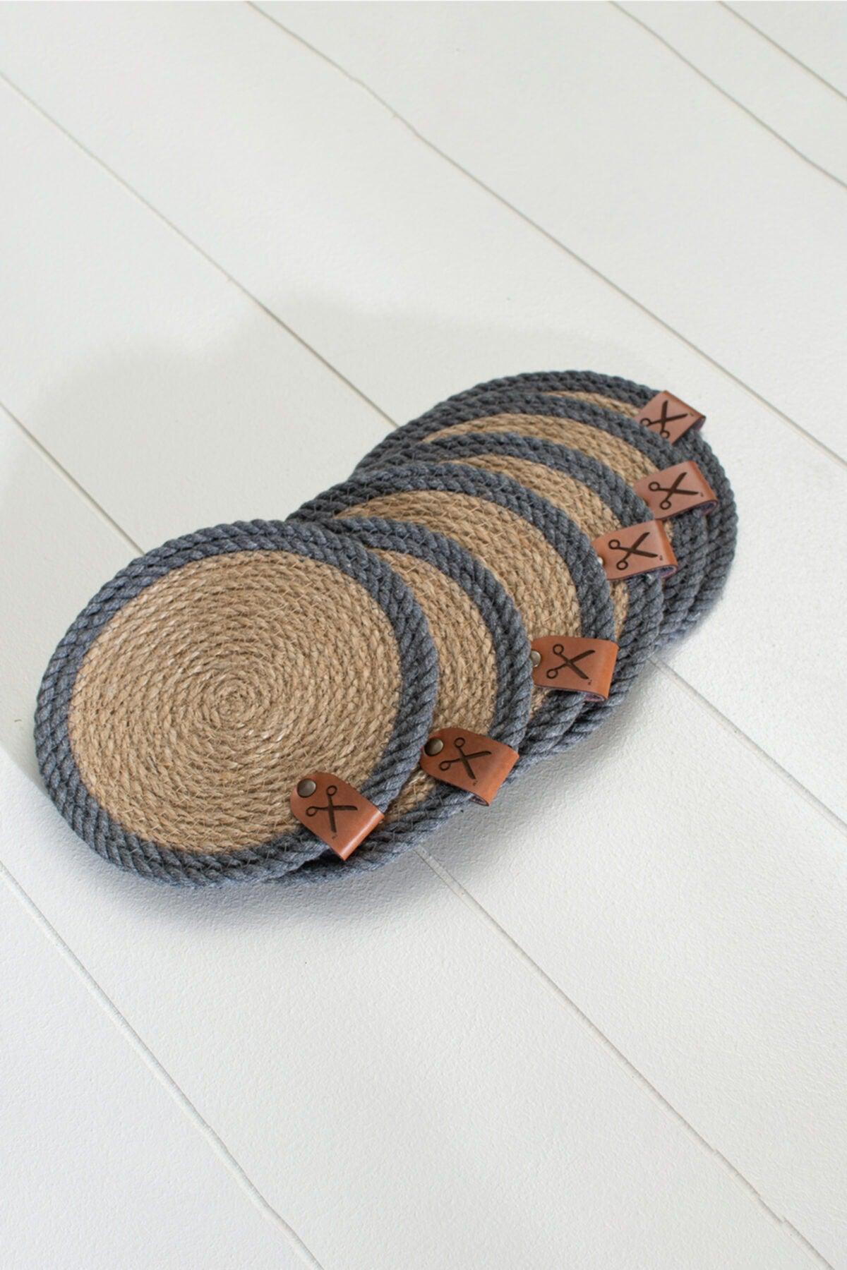 6 Pieces 13cm Gray Striped Jute Straw Weave Coaster Presentation Set - Swordslife