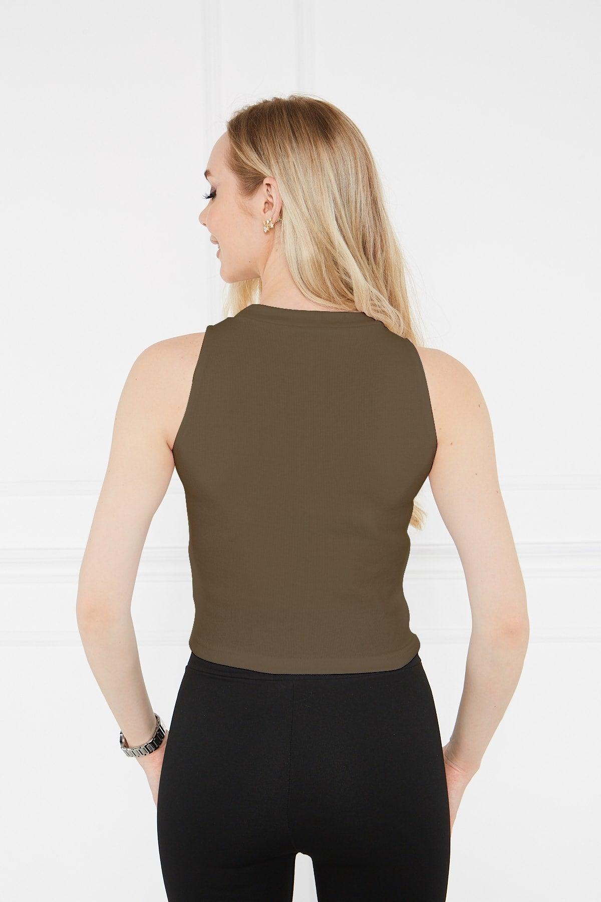 Women's Black Khaki Halter Neck 2 Piece Crop Blouse - Swordslife